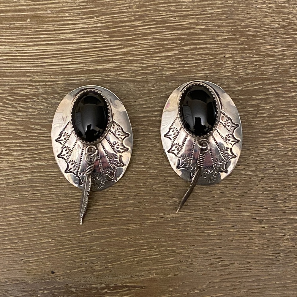 Vintage Southwest sterling Silver and Black onyx feather Earrings